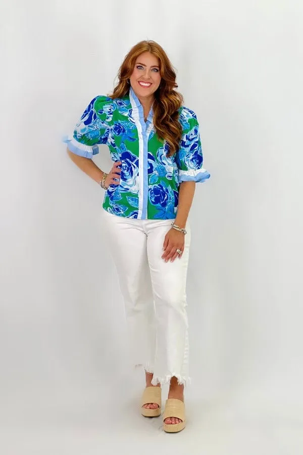 Green Floral Mix Puff Sleeve Top