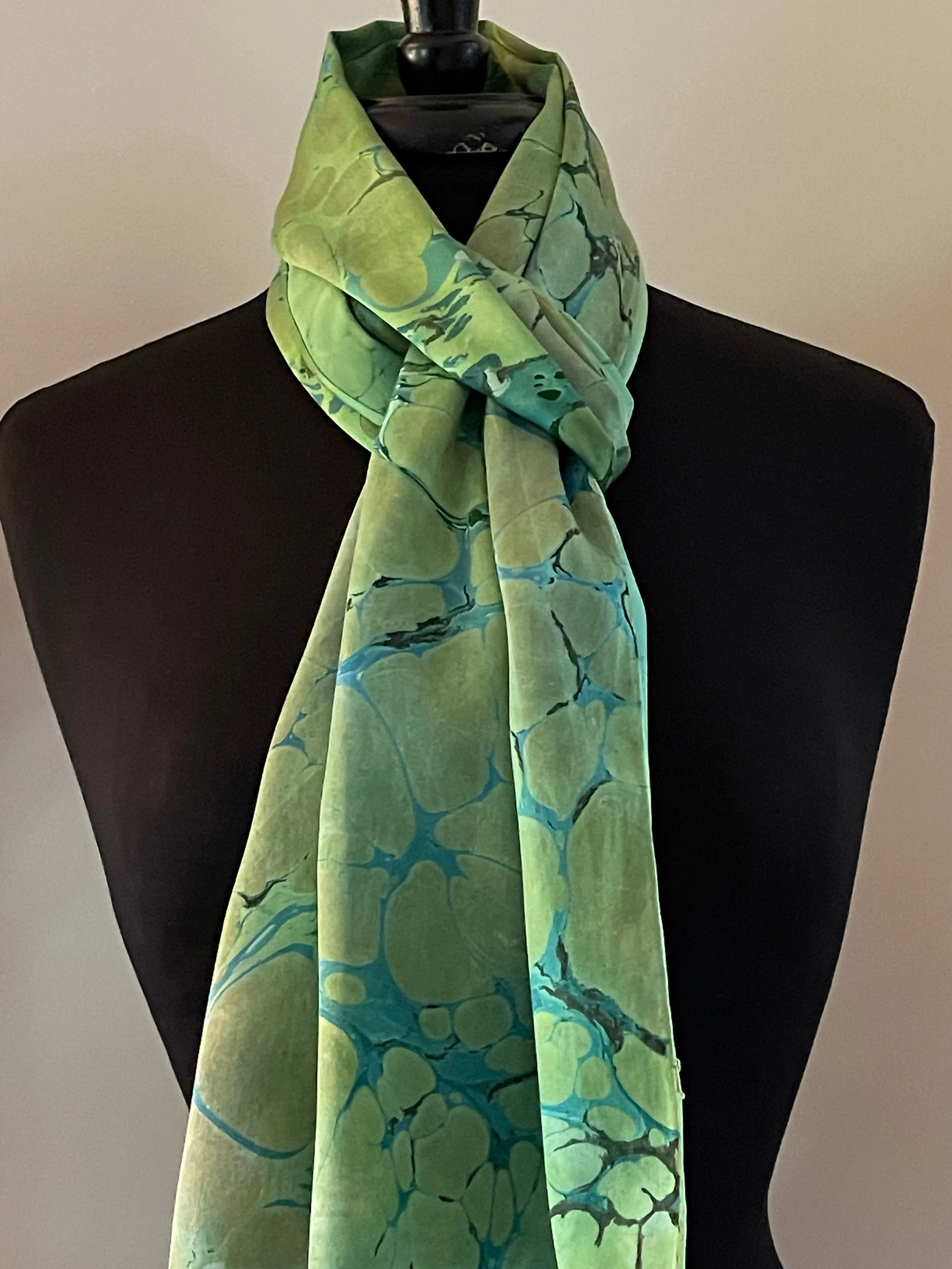 Green Italian Vein marbled  Charmeuse  Silk 72x14” bold fun. This beautiful  silk makes a unique dresser cover and scarf.