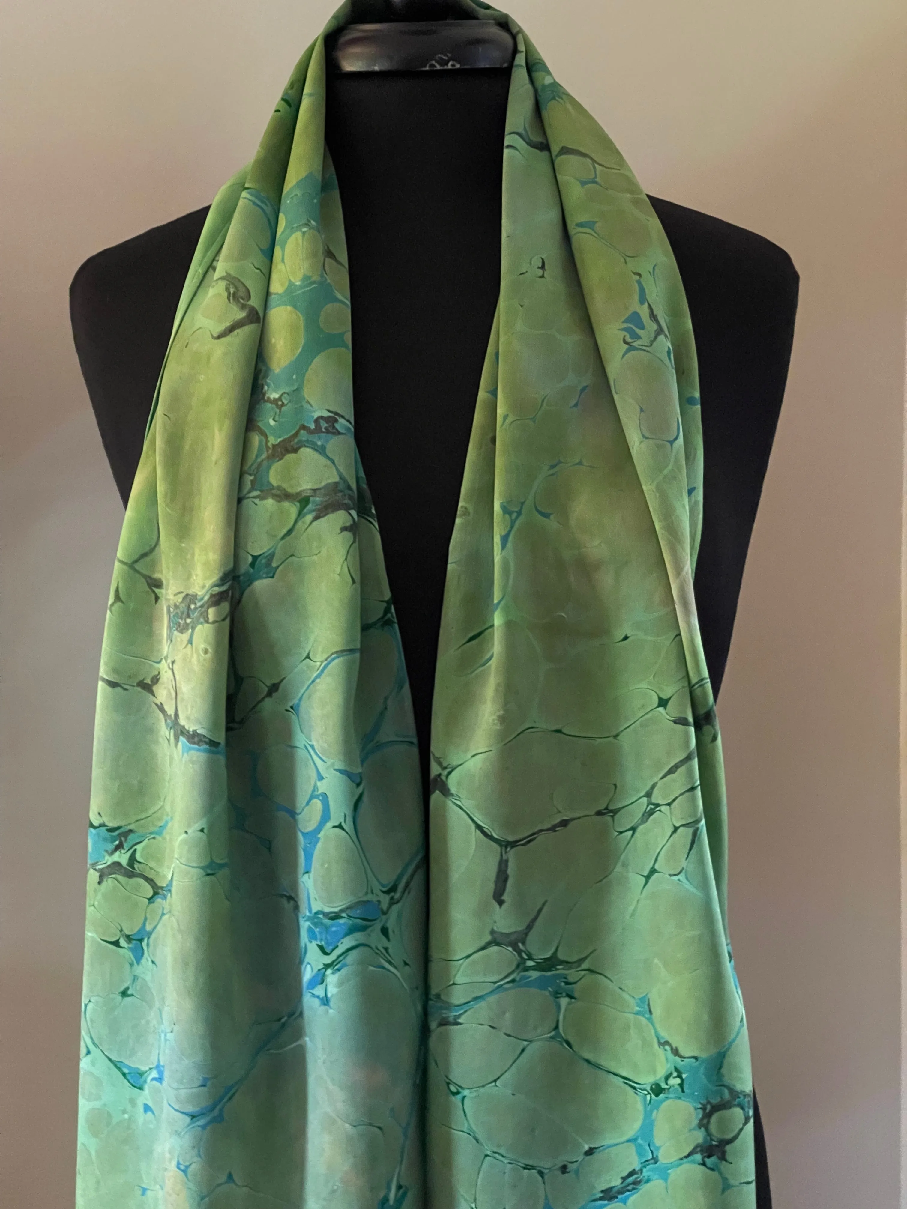 Green Italian Vein marbled  Charmeuse  Silk 72x14” bold fun. This beautiful  silk makes a unique dresser cover and scarf.