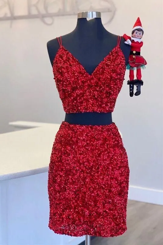 Green Two Piece Short Homecoming Dresses Sequin Prom Dresses