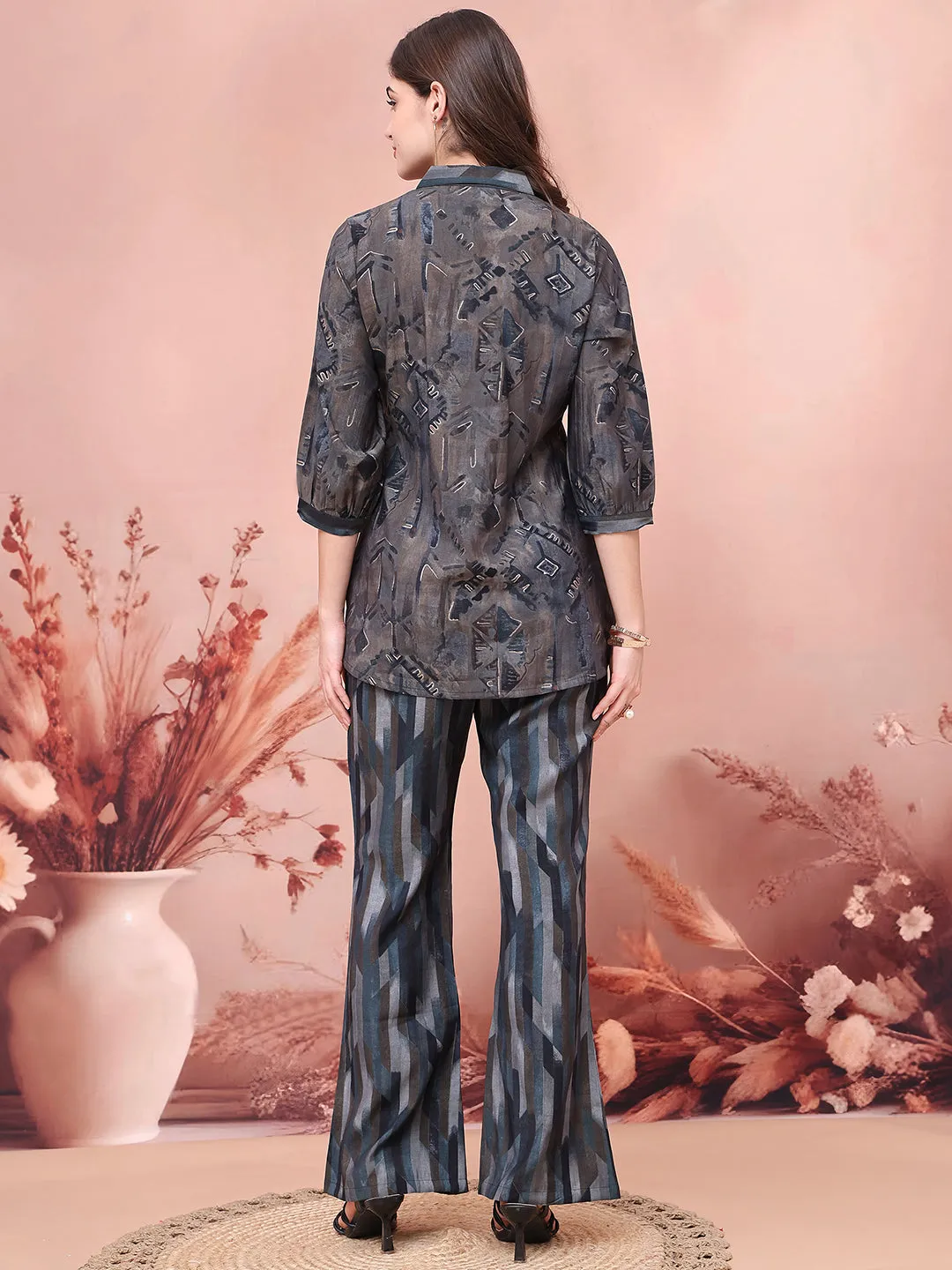 Grey Abstract Printed Chanderi Co-Ord Set for Women | S-3XL | Claura