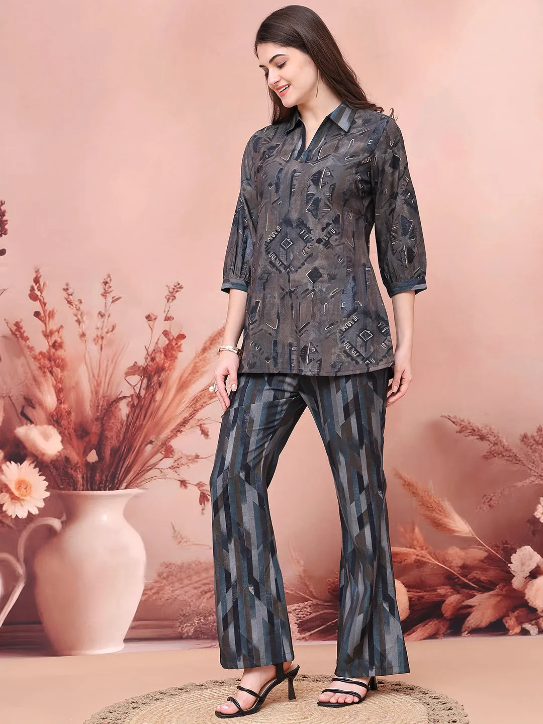 Grey Abstract Printed Chanderi Co-Ord Set for Women | S-3XL | Claura