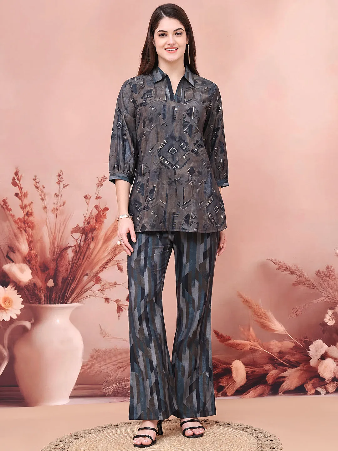 Grey Abstract Printed Chanderi Co-Ord Set for Women | S-3XL | Claura