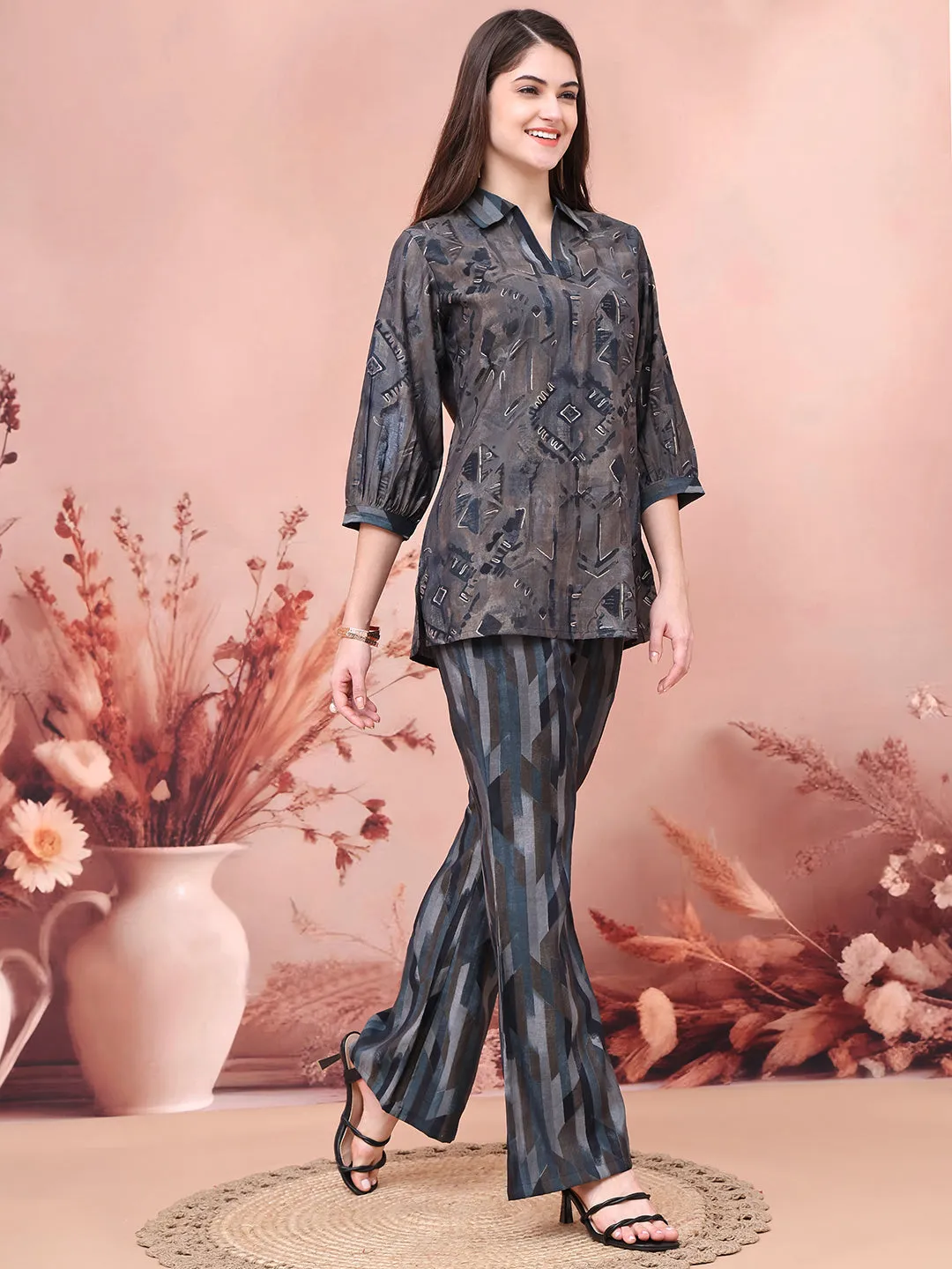 Grey Abstract Printed Chanderi Co-Ord Set for Women | S-3XL | Claura