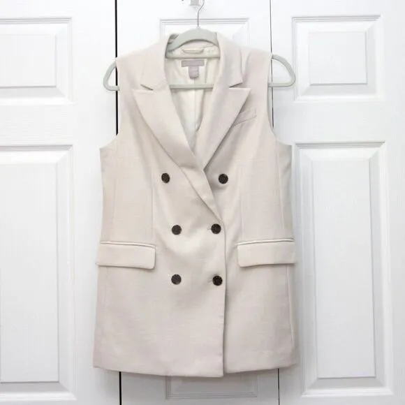 H&amp;M Long Vest Womens Size Small Soft Lined Double Breasted Sleeveless Beige