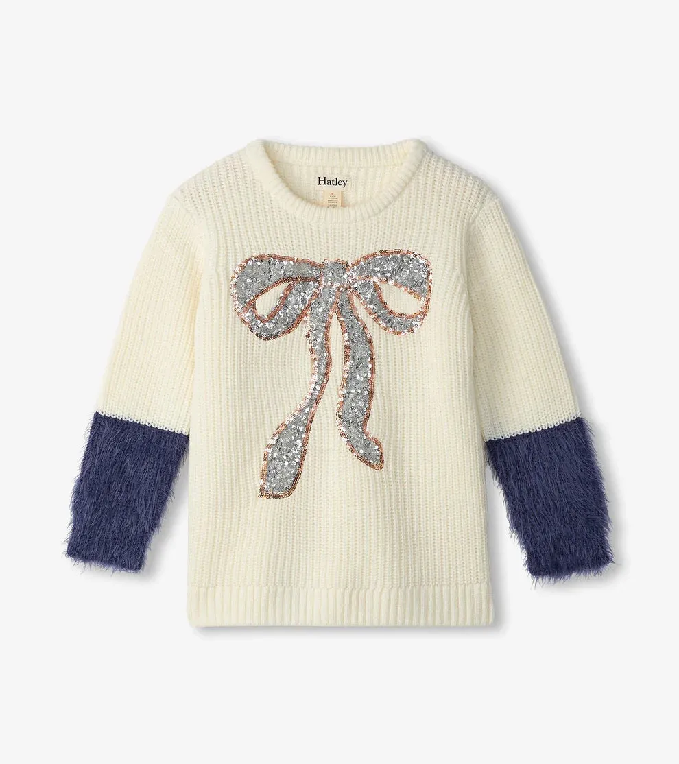 Hatley Girls Sequin Bow Fluffy Sleeve Sweater