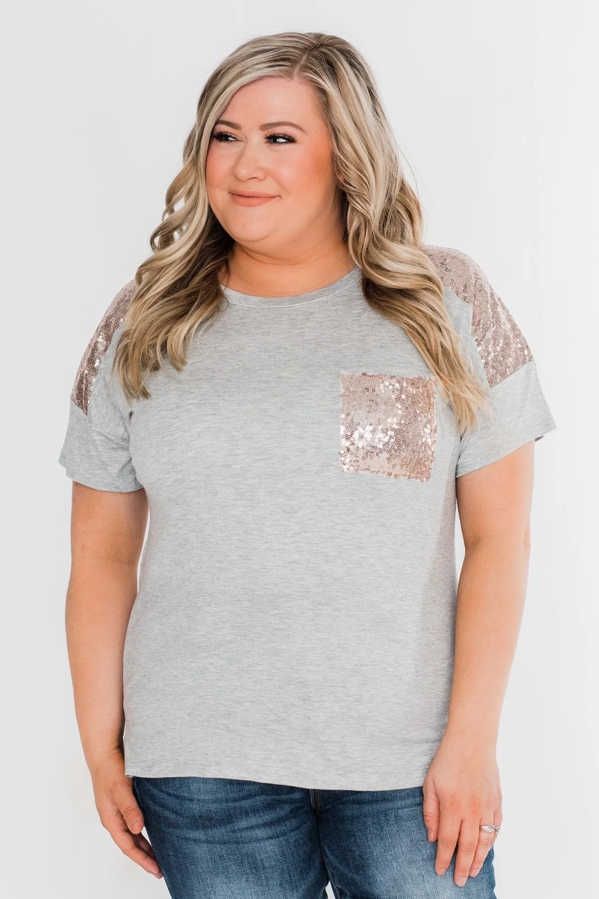 Heart Of Gold Sequin Pocket Top- Heather Grey