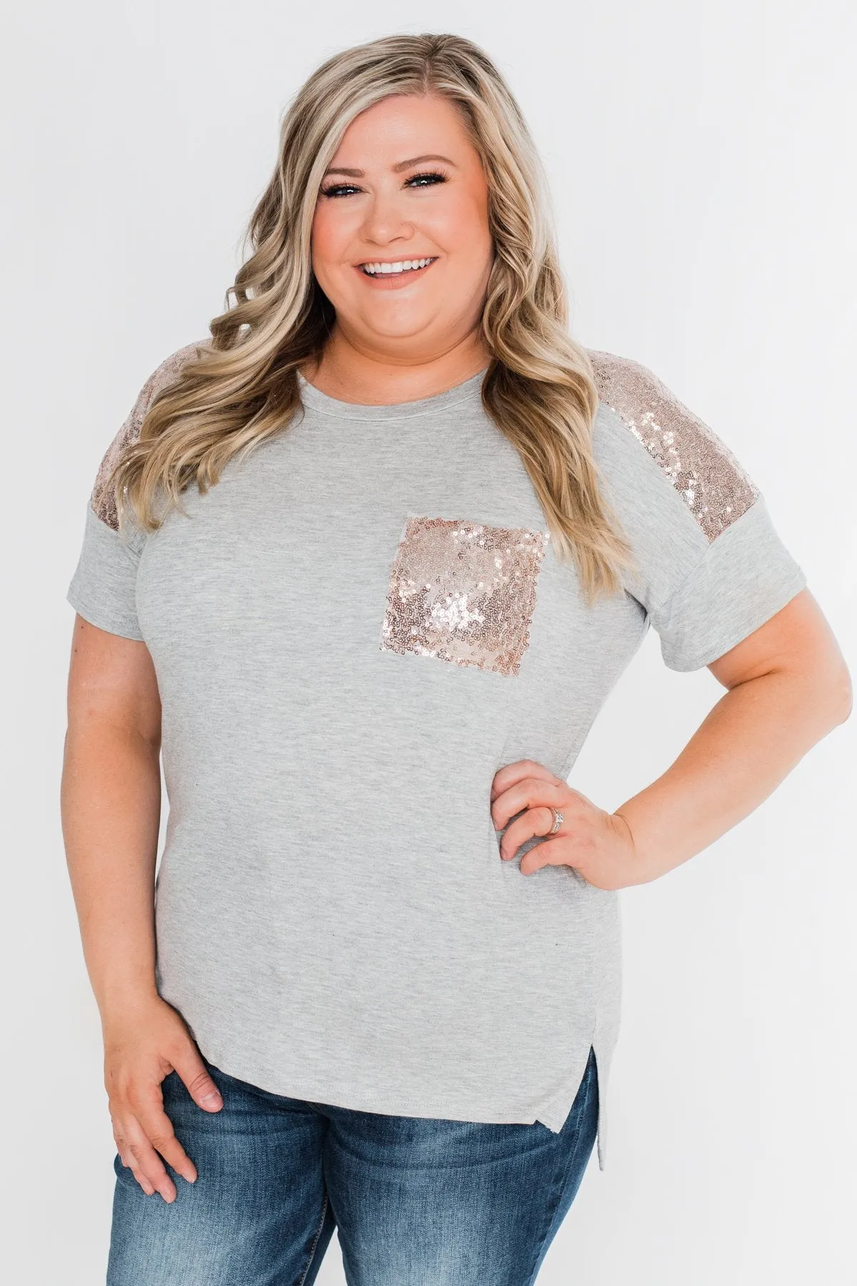 Heart Of Gold Sequin Pocket Top- Heather Grey