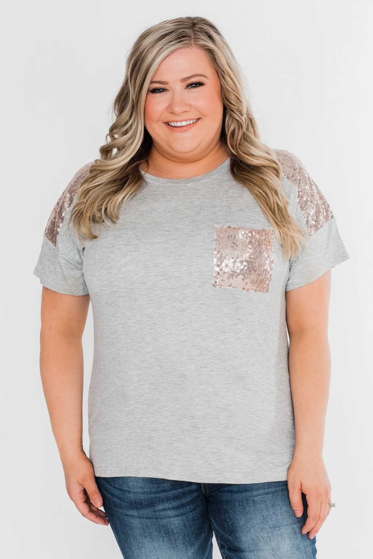 Heart Of Gold Sequin Pocket Top- Heather Grey