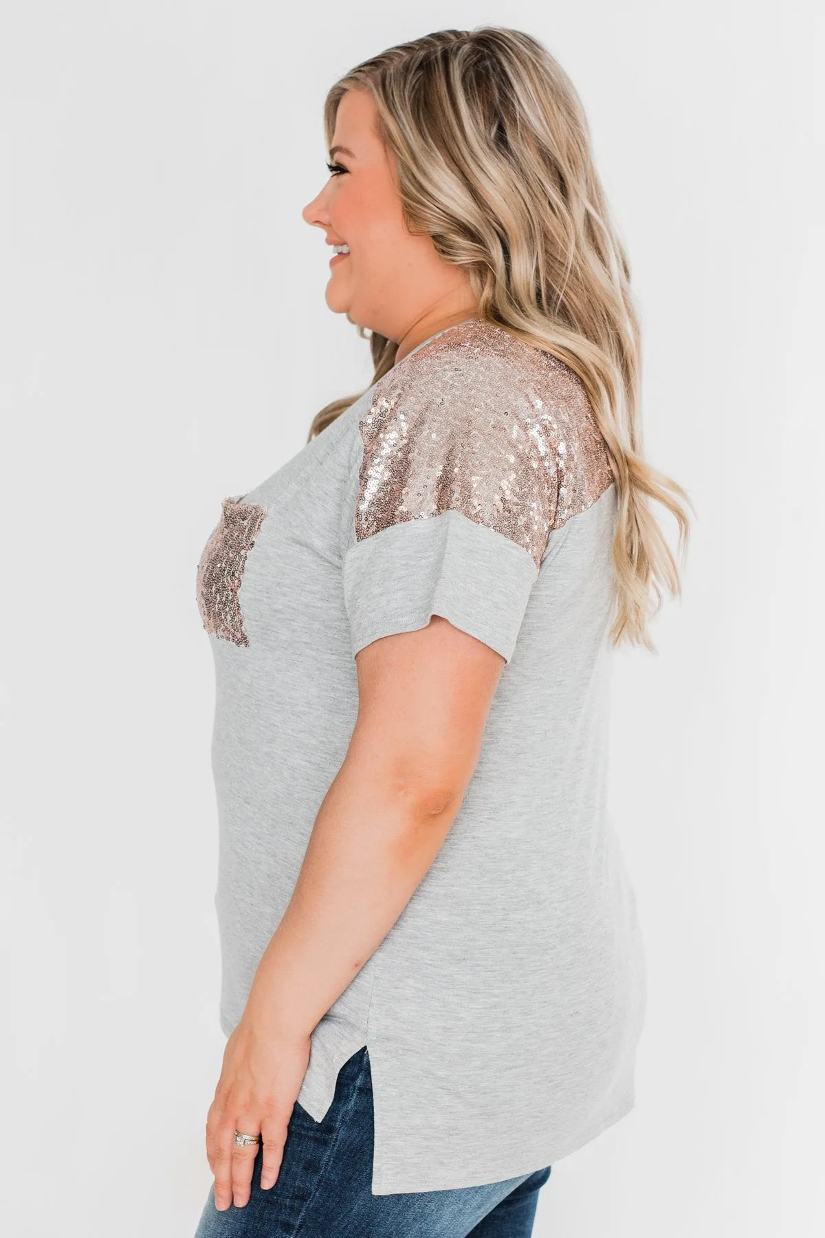Heart Of Gold Sequin Pocket Top- Heather Grey