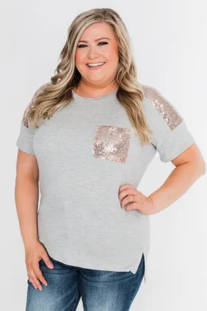 Heart Of Gold Sequin Pocket Top- Heather Grey