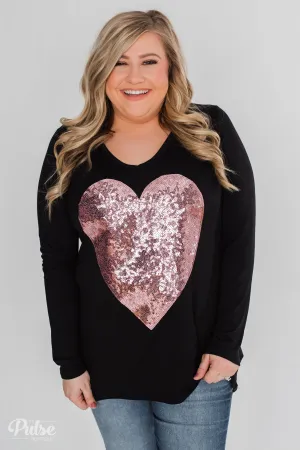 Heart of Sequins Long Sleeve Top- Black
