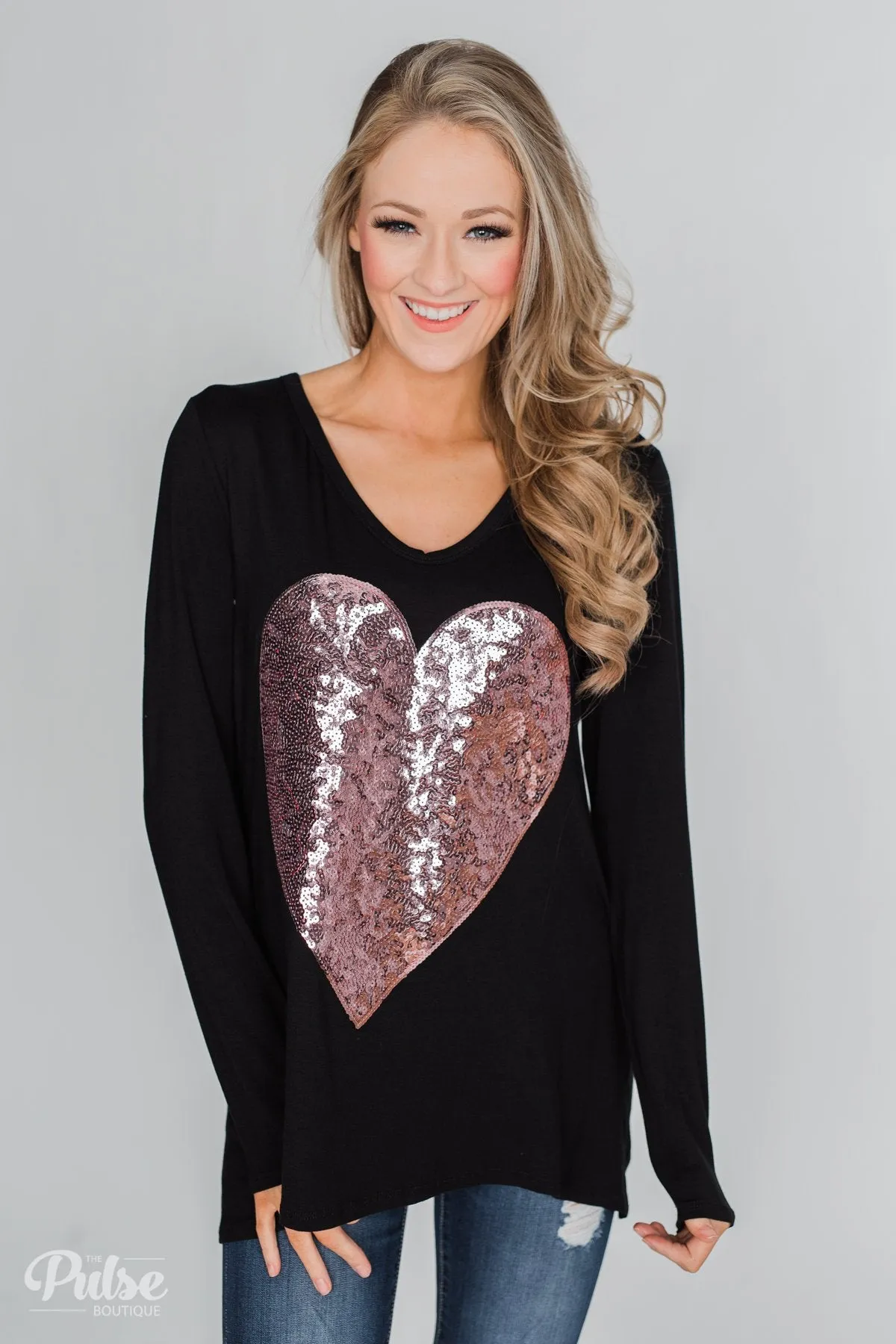 Heart of Sequins Long Sleeve Top- Black