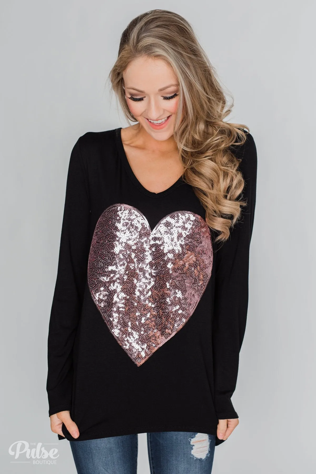 Heart of Sequins Long Sleeve Top- Black