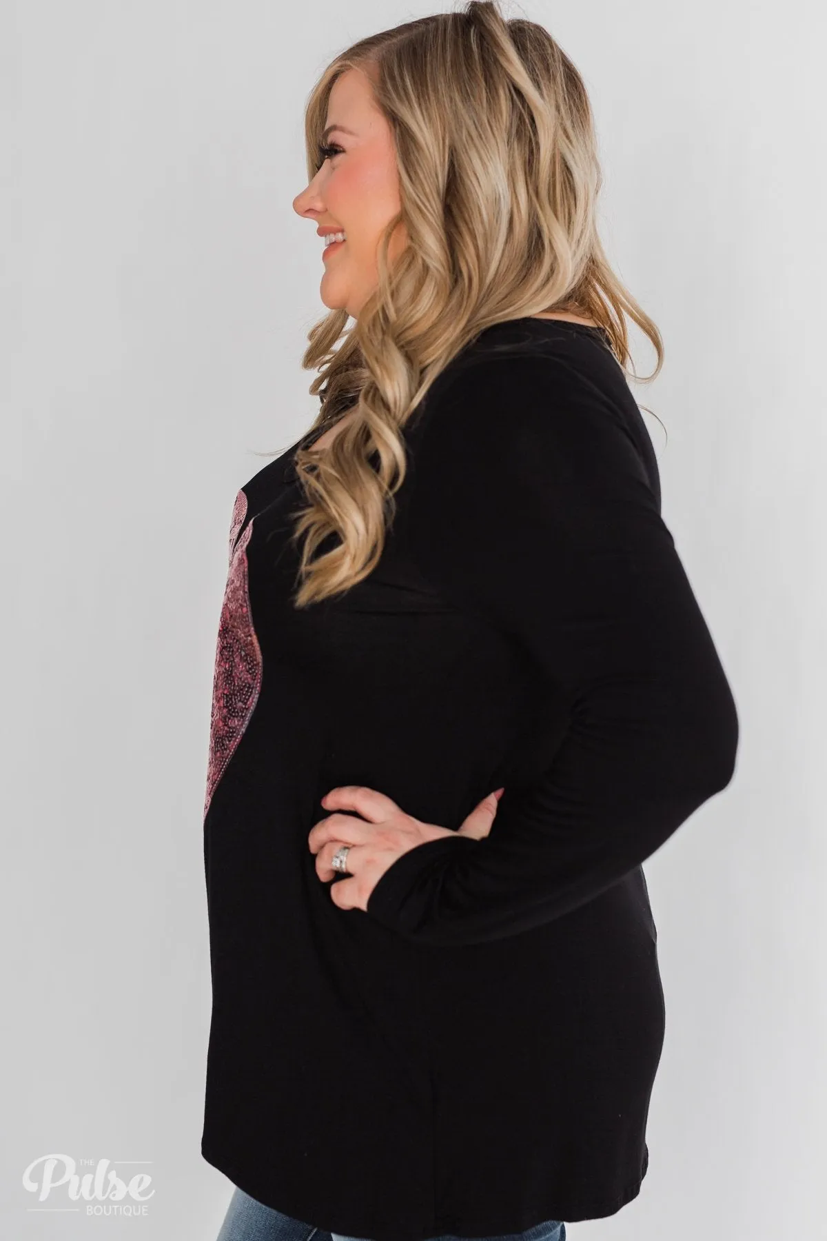 Heart of Sequins Long Sleeve Top- Black