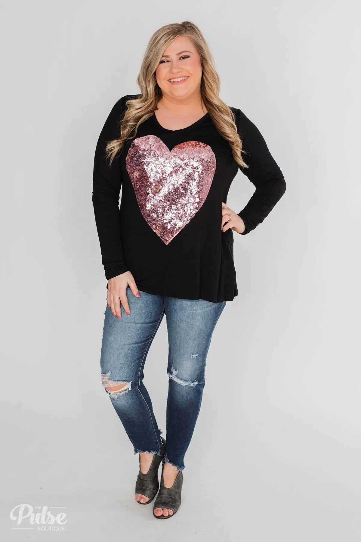 Heart of Sequins Long Sleeve Top- Black