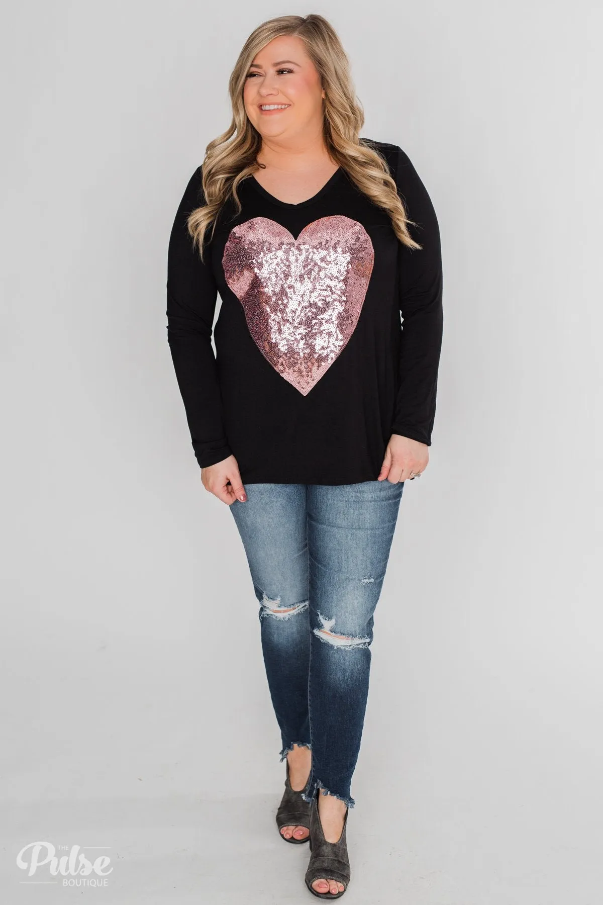 Heart of Sequins Long Sleeve Top- Black