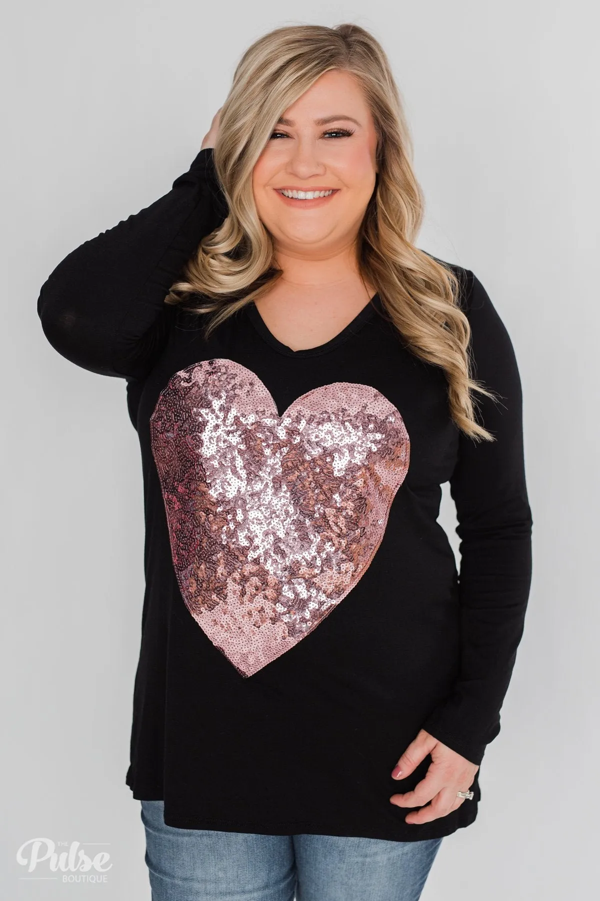 Heart of Sequins Long Sleeve Top- Black