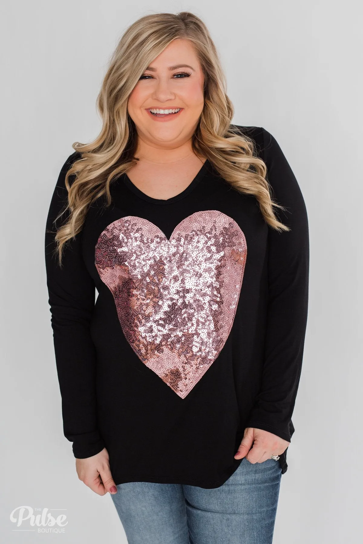 Heart of Sequins Long Sleeve Top- Black