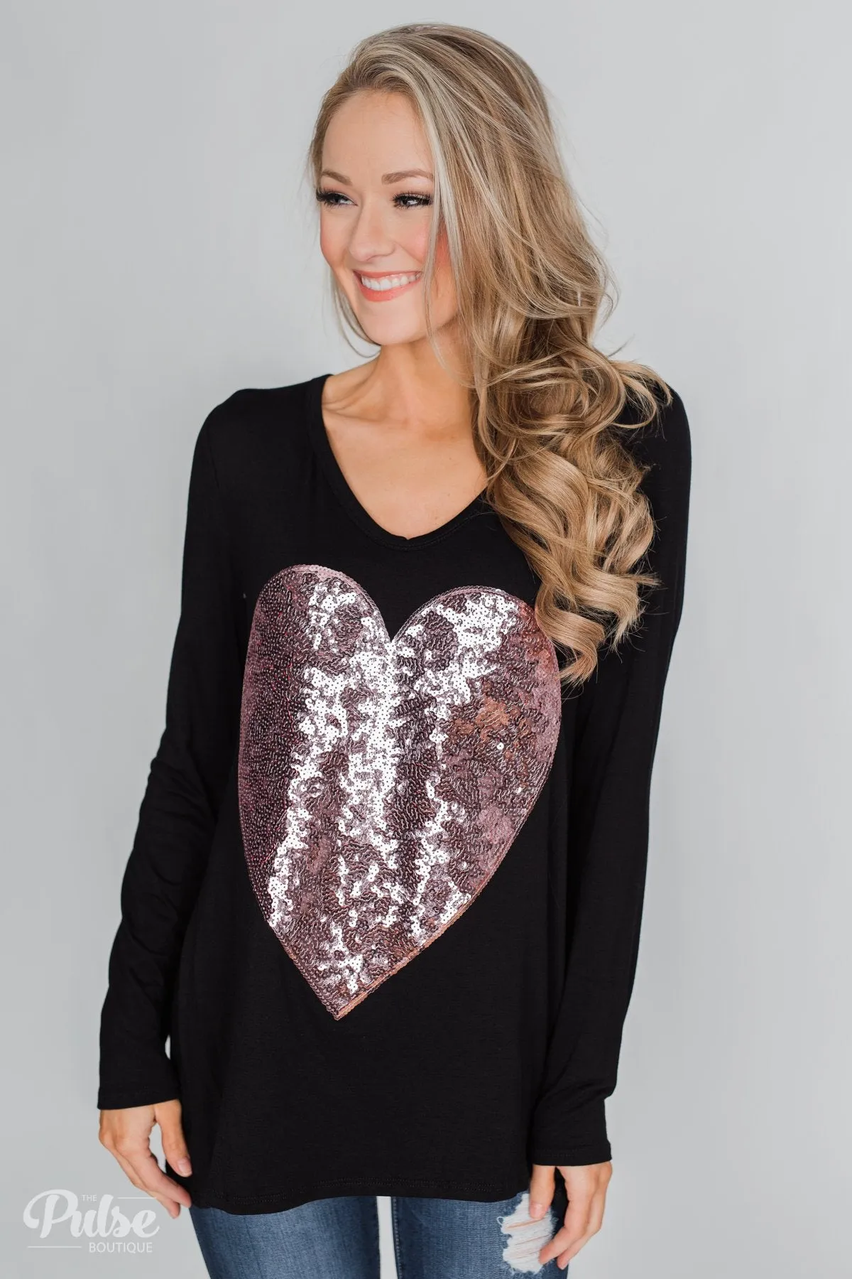Heart of Sequins Long Sleeve Top- Black