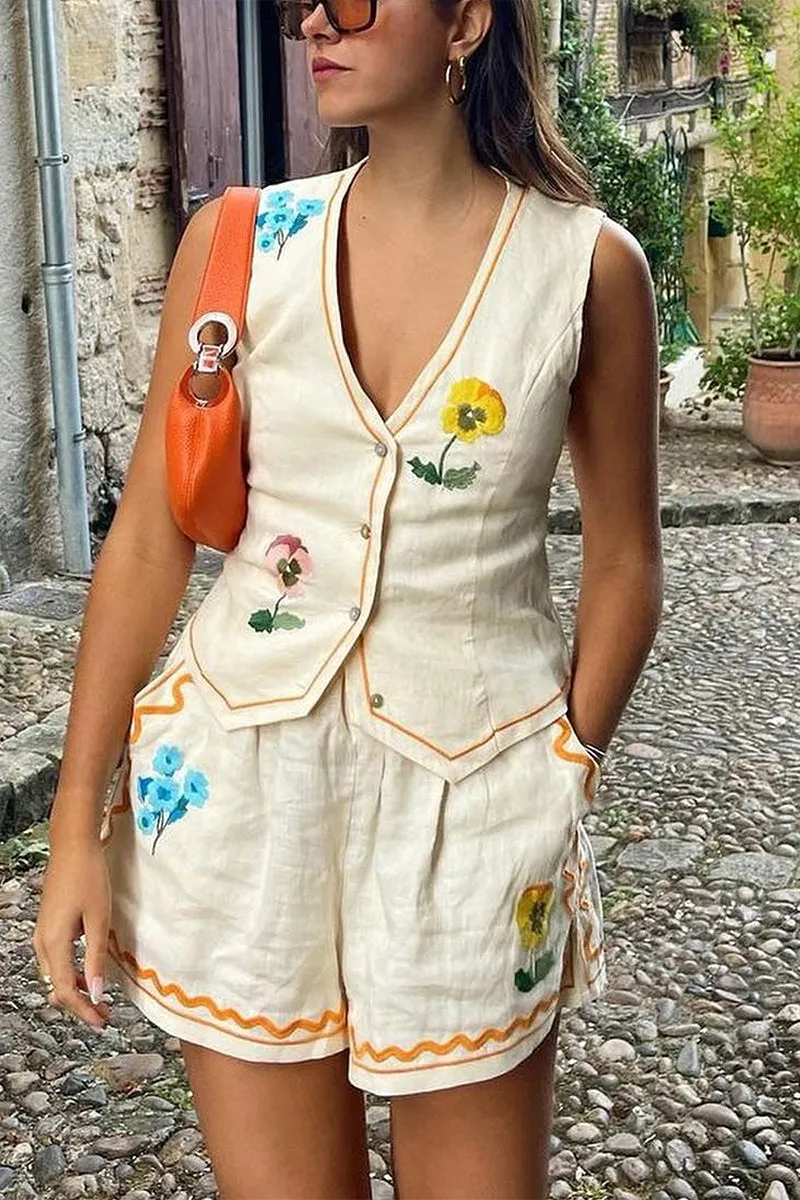 HUO1265 Floral Vest Top & Shorts Set