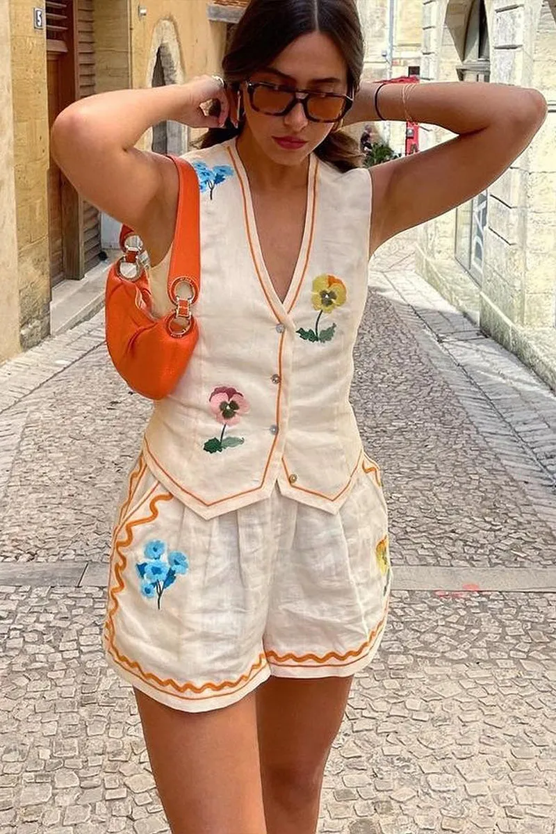 HUO1265 Floral Vest Top & Shorts Set