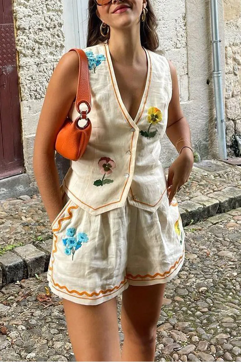 HUO1265 Floral Vest Top & Shorts Set