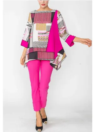 IC Collection 6077T 1PC 3/4 Length Sleeve Tunic DOT PATCHWORK PRINT BOAT NECK