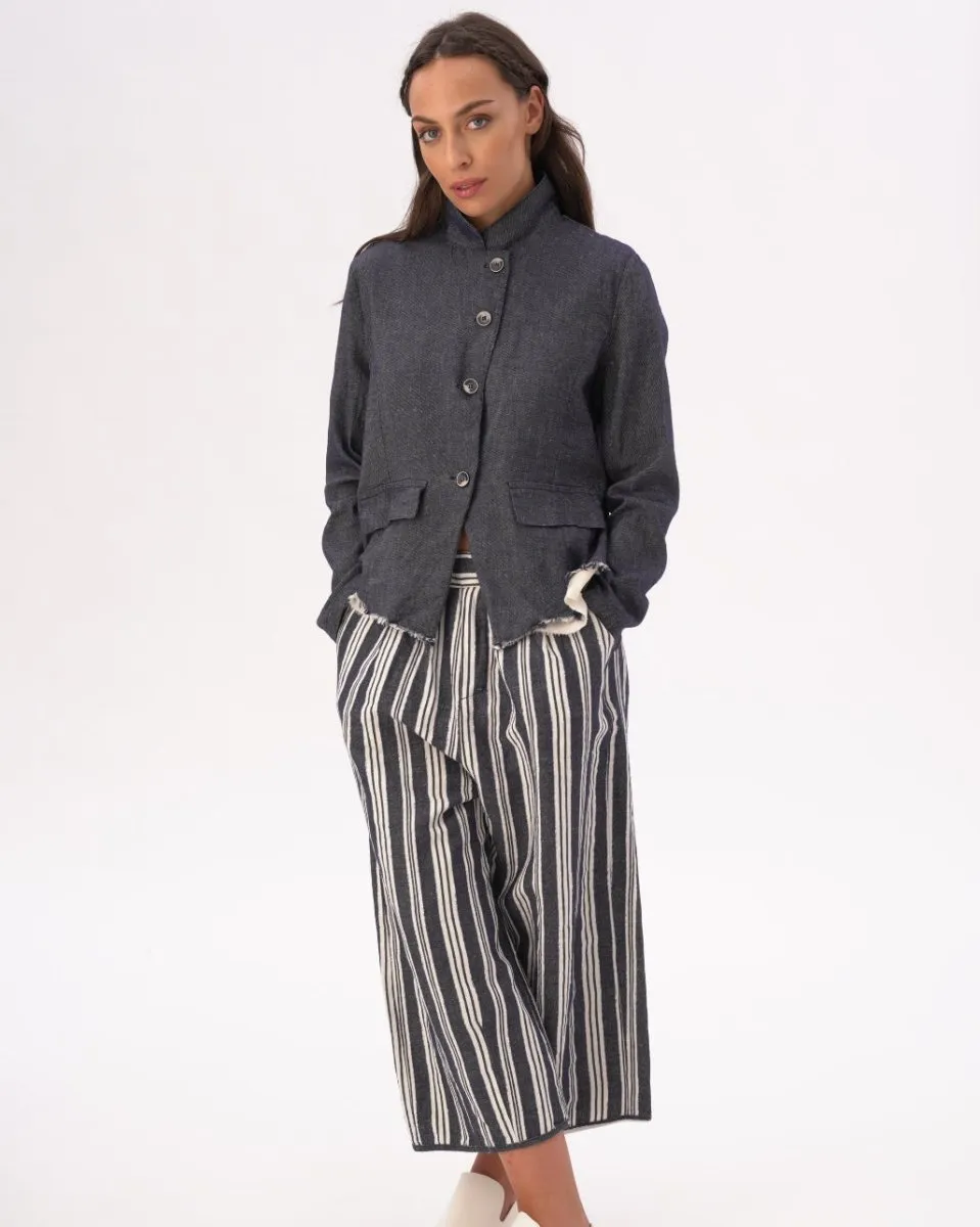 Indigo Raw Edge Cotton-Linen Layered Jacket