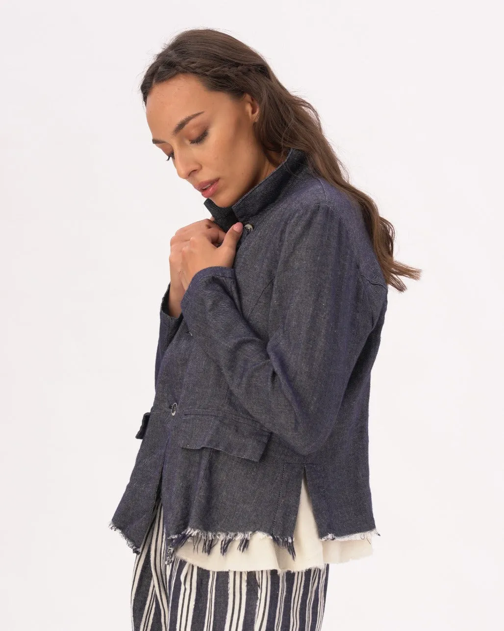 Indigo Raw Edge Cotton-Linen Layered Jacket