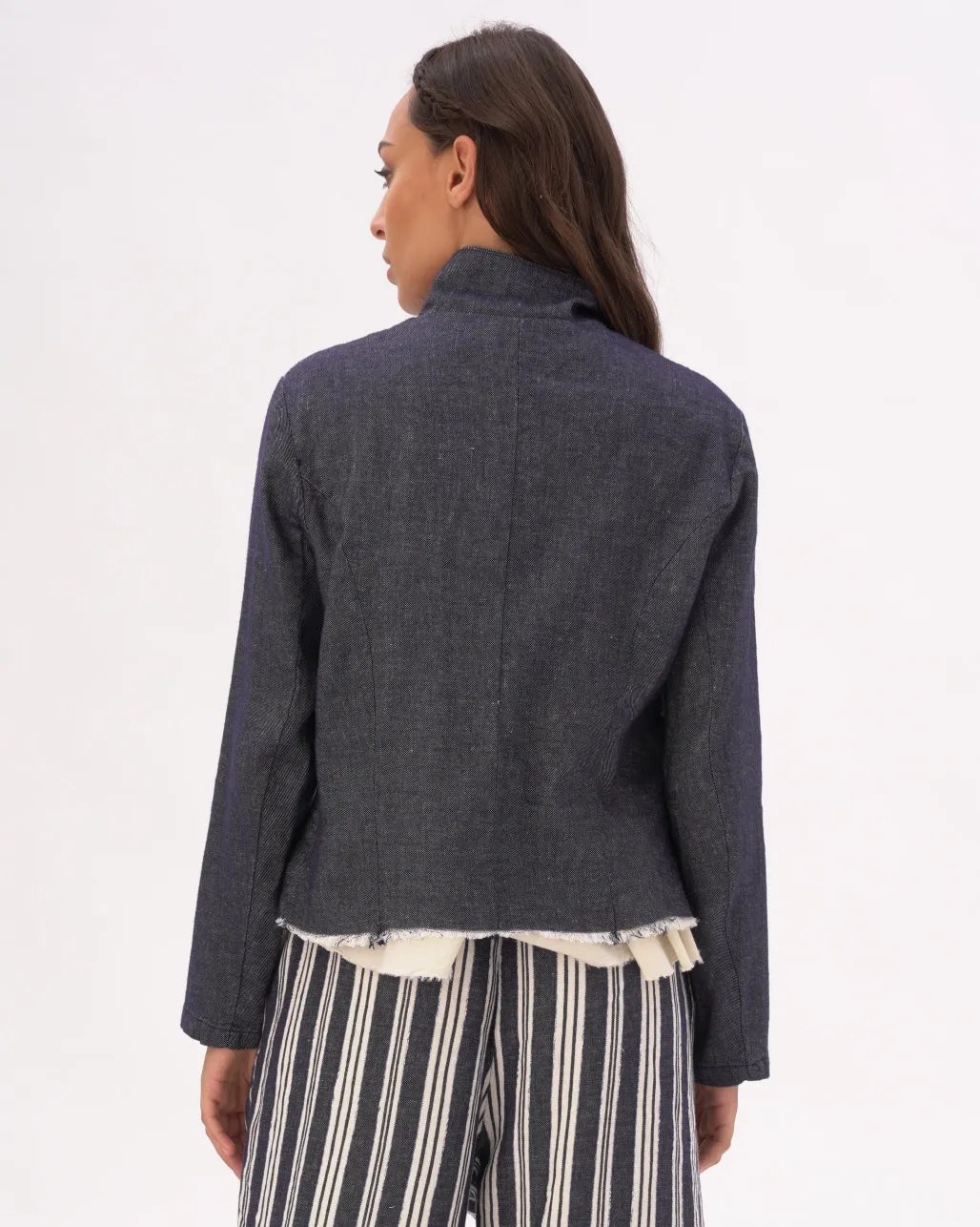 Indigo Raw Edge Cotton-Linen Layered Jacket