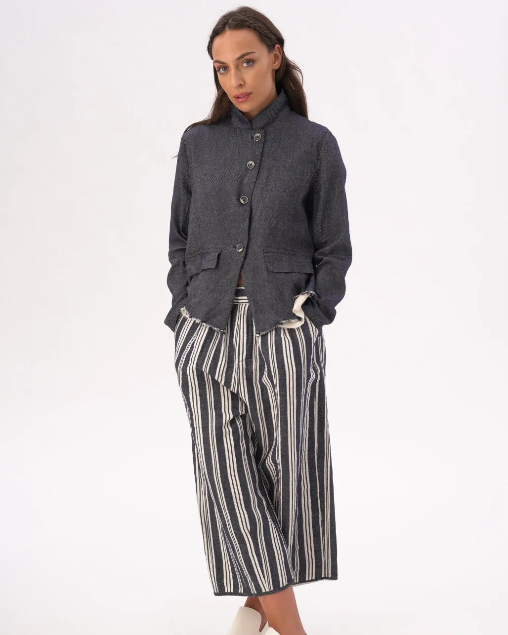 Indigo Raw Edge Cotton-Linen Layered Jacket
