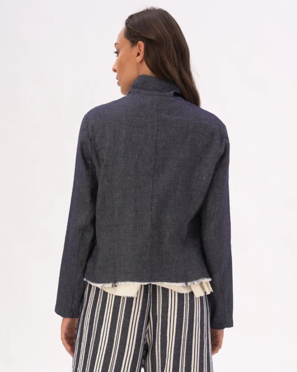 Indigo Raw Edge Cotton-Linen Layered Jacket