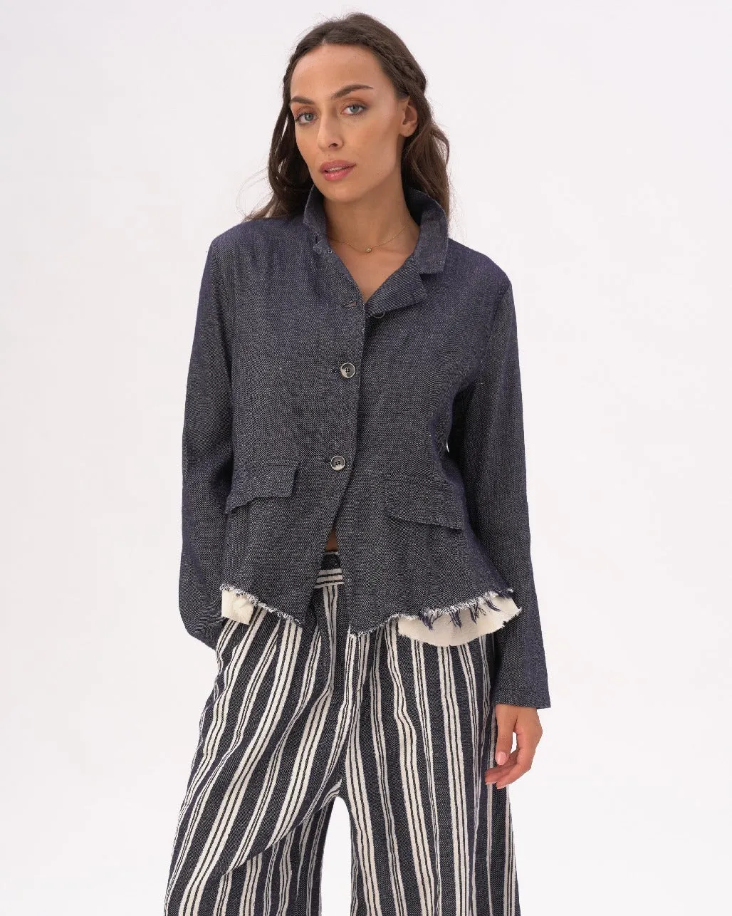 Indigo Raw Edge Cotton-Linen Layered Jacket
