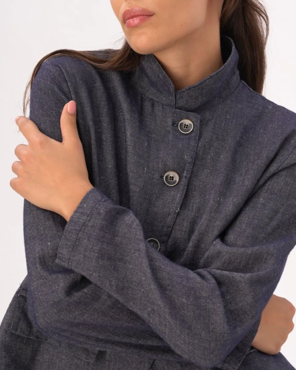 Indigo Raw Edge Cotton-Linen Layered Jacket