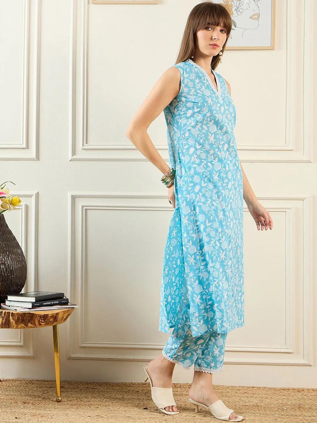 Indo Era Floral Printed V-Neck Pure Cotton Tunic & Trouser