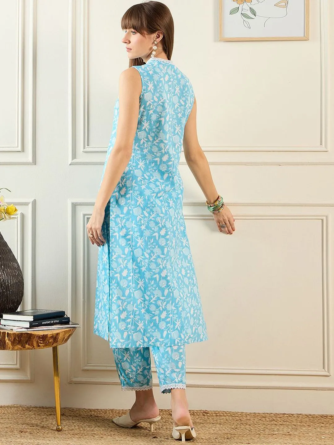 Indo Era Floral Printed V-Neck Pure Cotton Tunic & Trouser