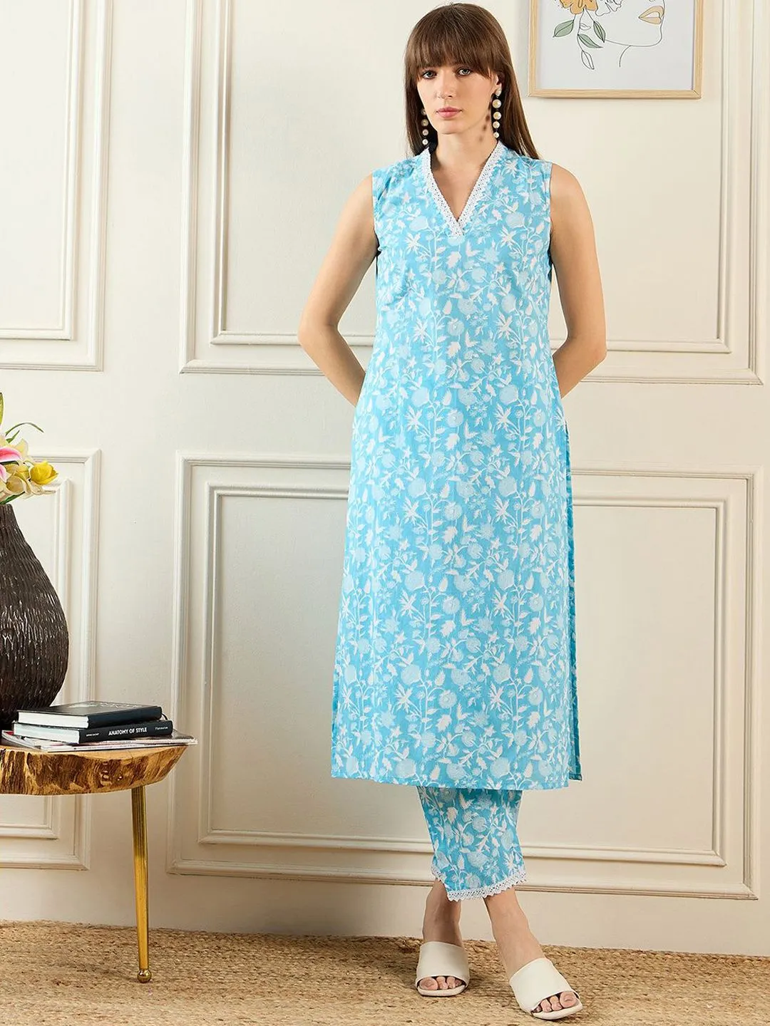 Indo Era Floral Printed V-Neck Pure Cotton Tunic & Trouser