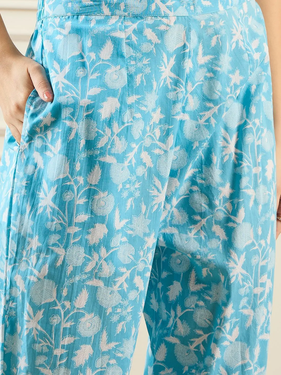 Indo Era Floral Printed V-Neck Pure Cotton Tunic & Trouser