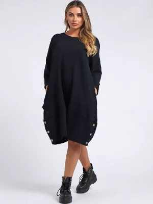 Italian Cotton Slouch Button Dress Navy Sz 12-24