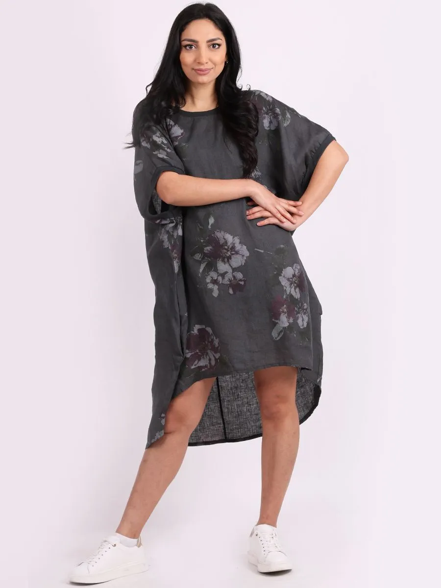 Italian Linen Floral Tunic Dress Charcoal Free Size