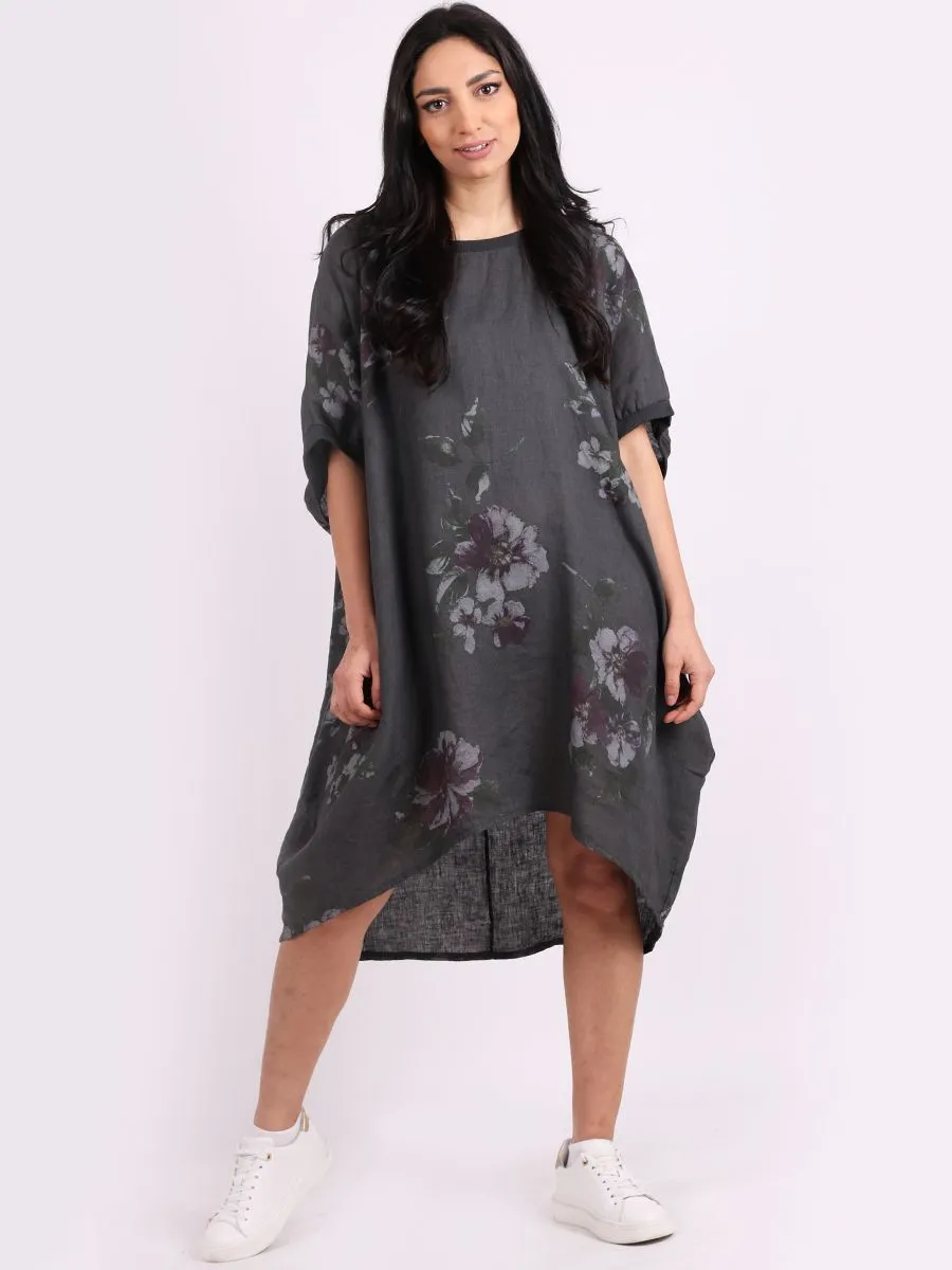 Italian Linen Floral Tunic Dress Charcoal Free Size