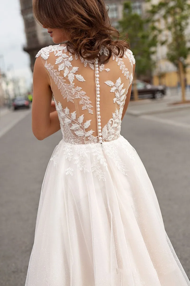 Ivory Back button Boho Bridal Dress Wedding Gowns