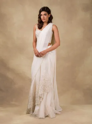 Ivory Embroidered Drape Saree And Corset