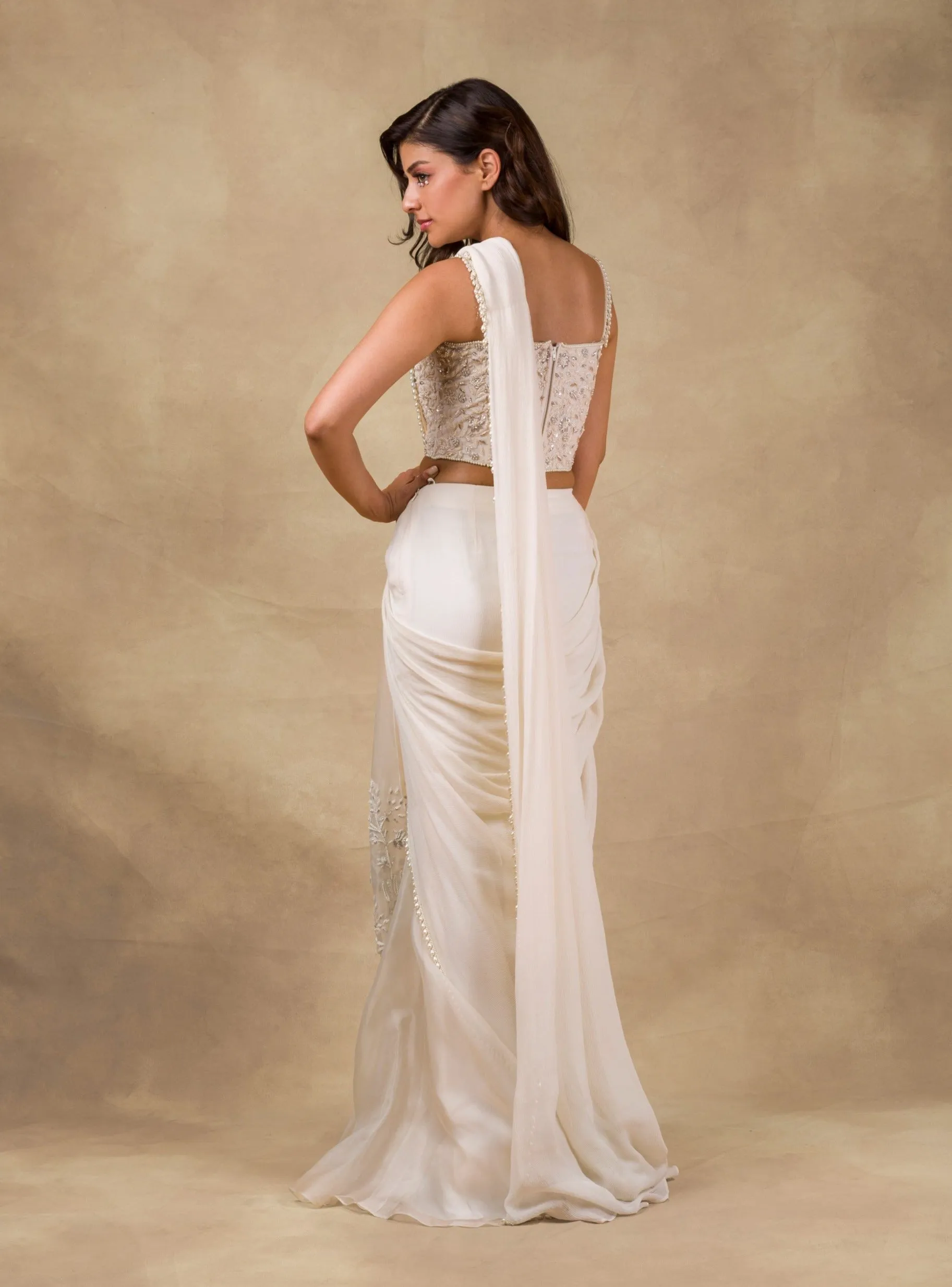Ivory Embroidered Drape Saree And Corset