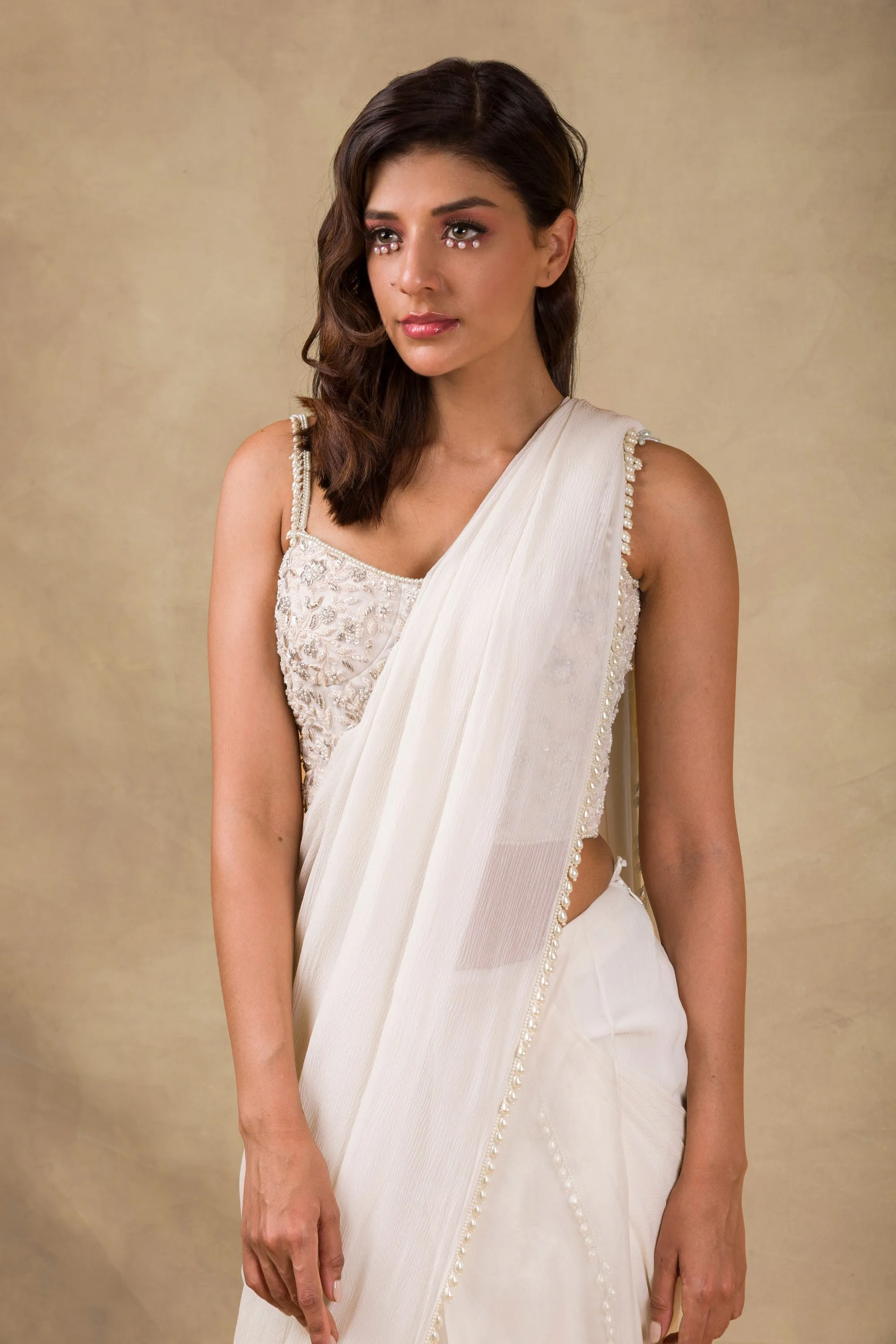 Ivory Embroidered Drape Saree And Corset