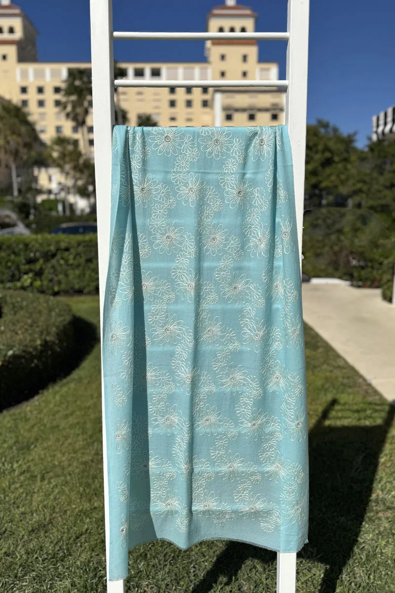 Janavi Aqua Shawl with White Floral Detail