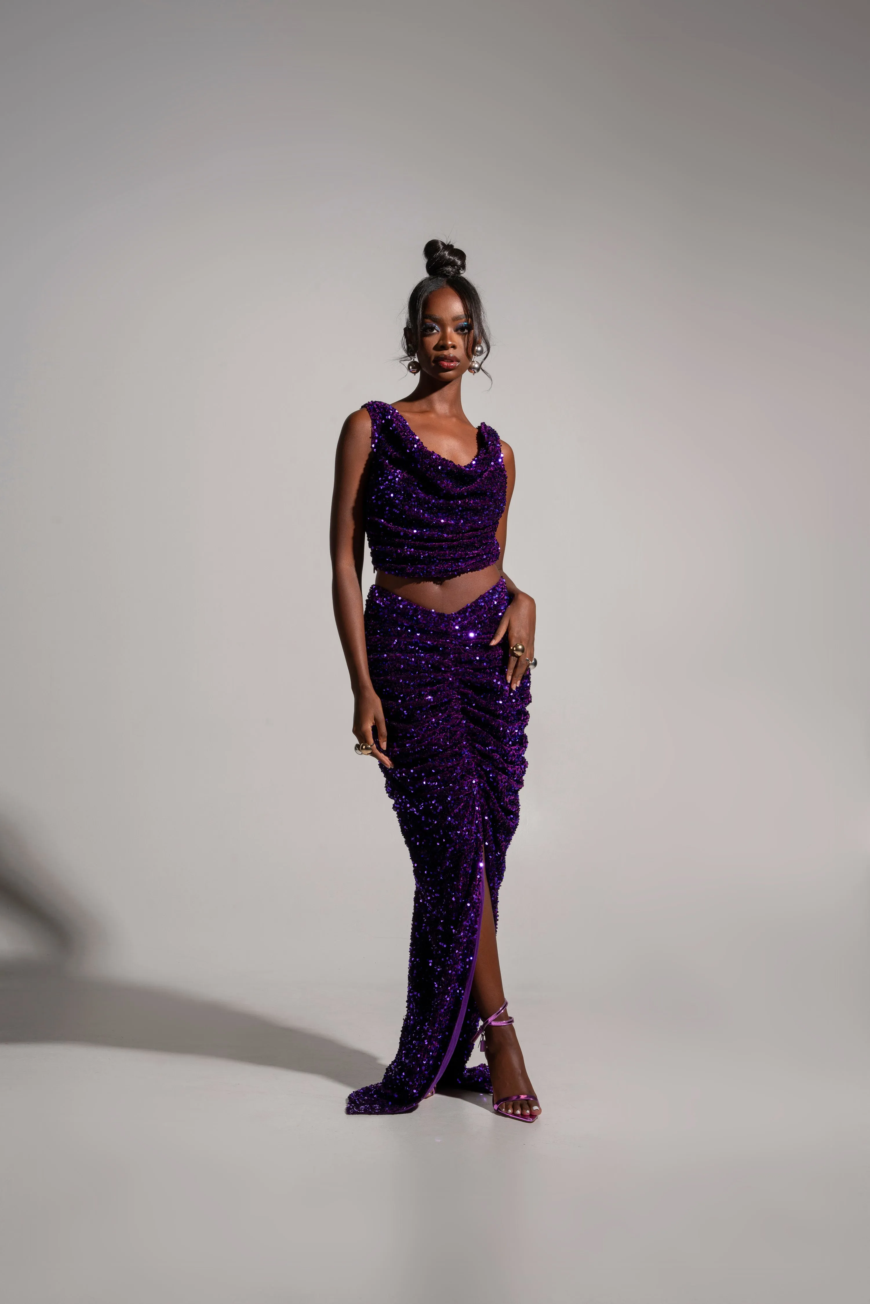 JESS Sequin Cowl Crop Top in AMETHYST