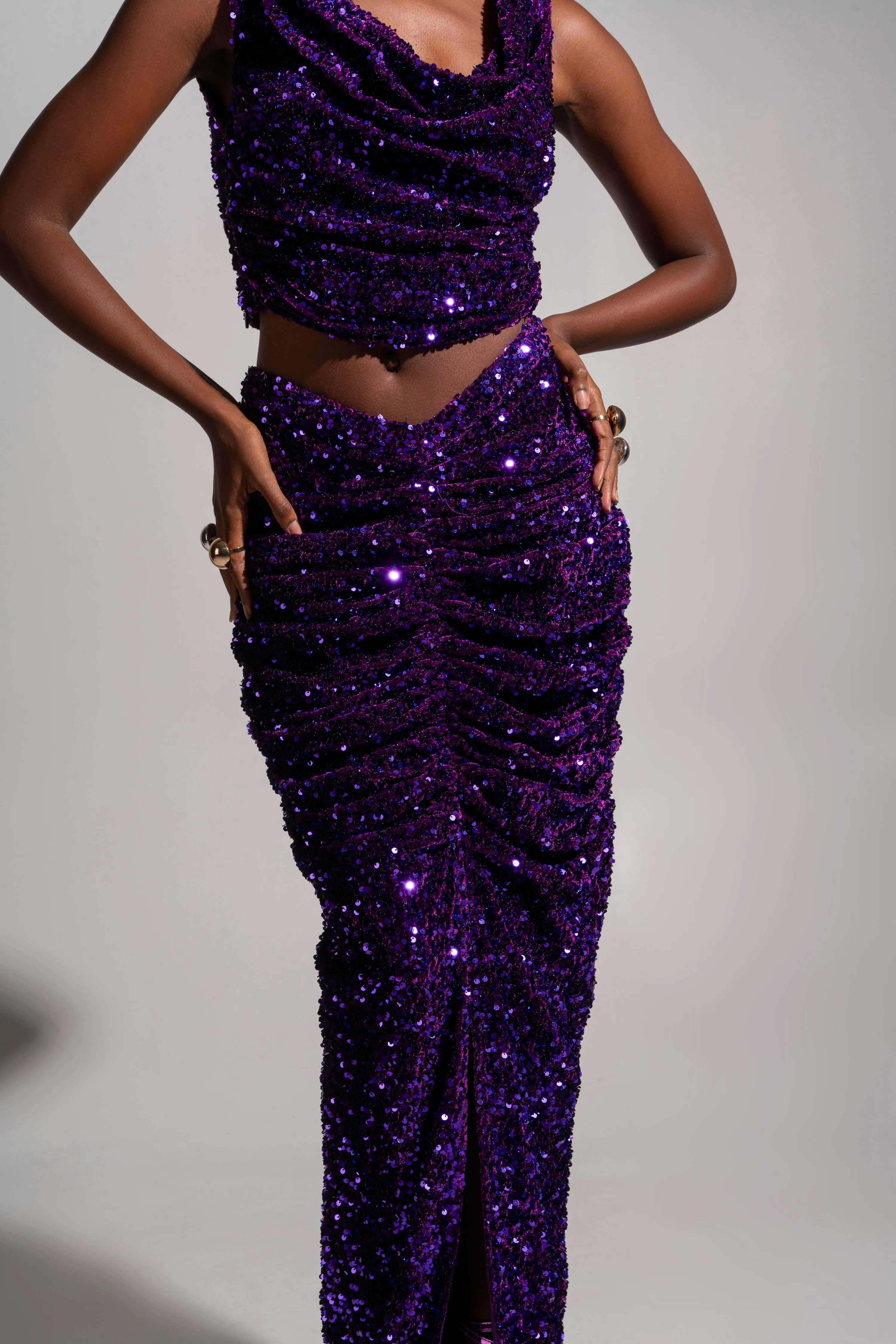 JESS Sequin Cowl Crop Top in AMETHYST