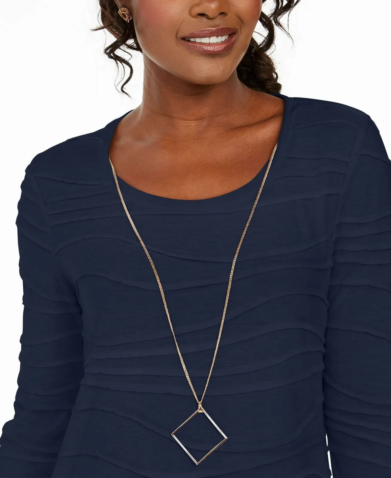 JM Collection Women's Wavy Texture 3/4 Sleeve Top With Chain